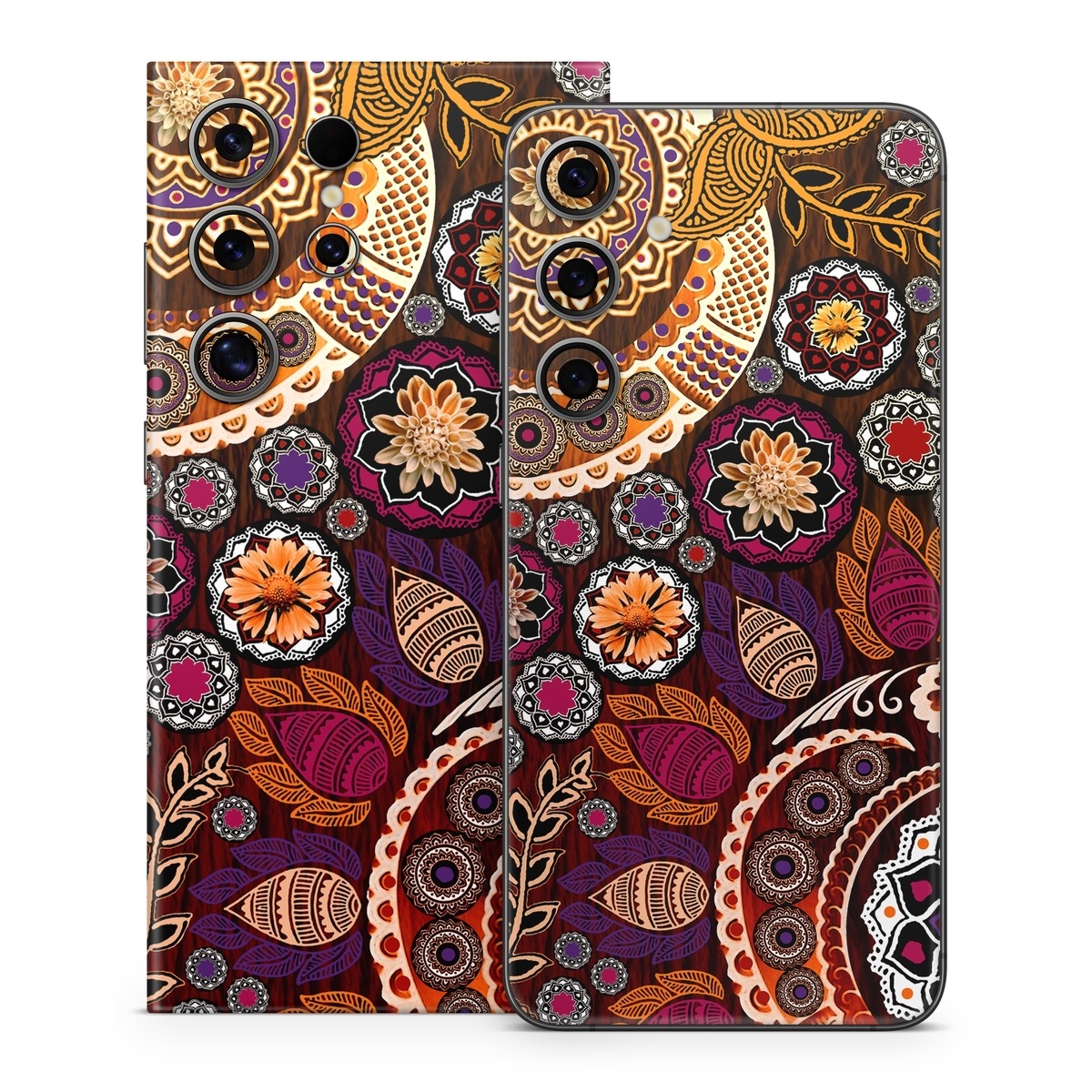Samsung Galaxy S24 Series Skin design of Pattern, Motif, Visual arts, Design, Art, Floral design, Textile, Paisley, Tapestry, Circle, with brown, purple, red, white, black colors