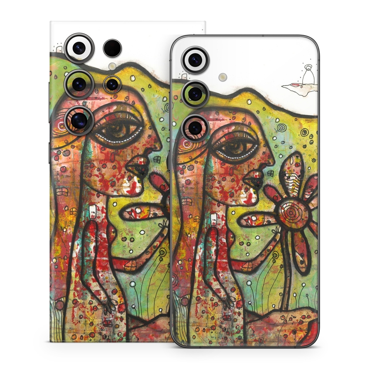 Samsung Galaxy S24 Series Skin design of Modern art, Art, Painting, Acrylic paint, Psychedelic art, Visual arts, Watercolor paint, Illustration, Paint, Style, with green, black, red, white, orange, yellow colors