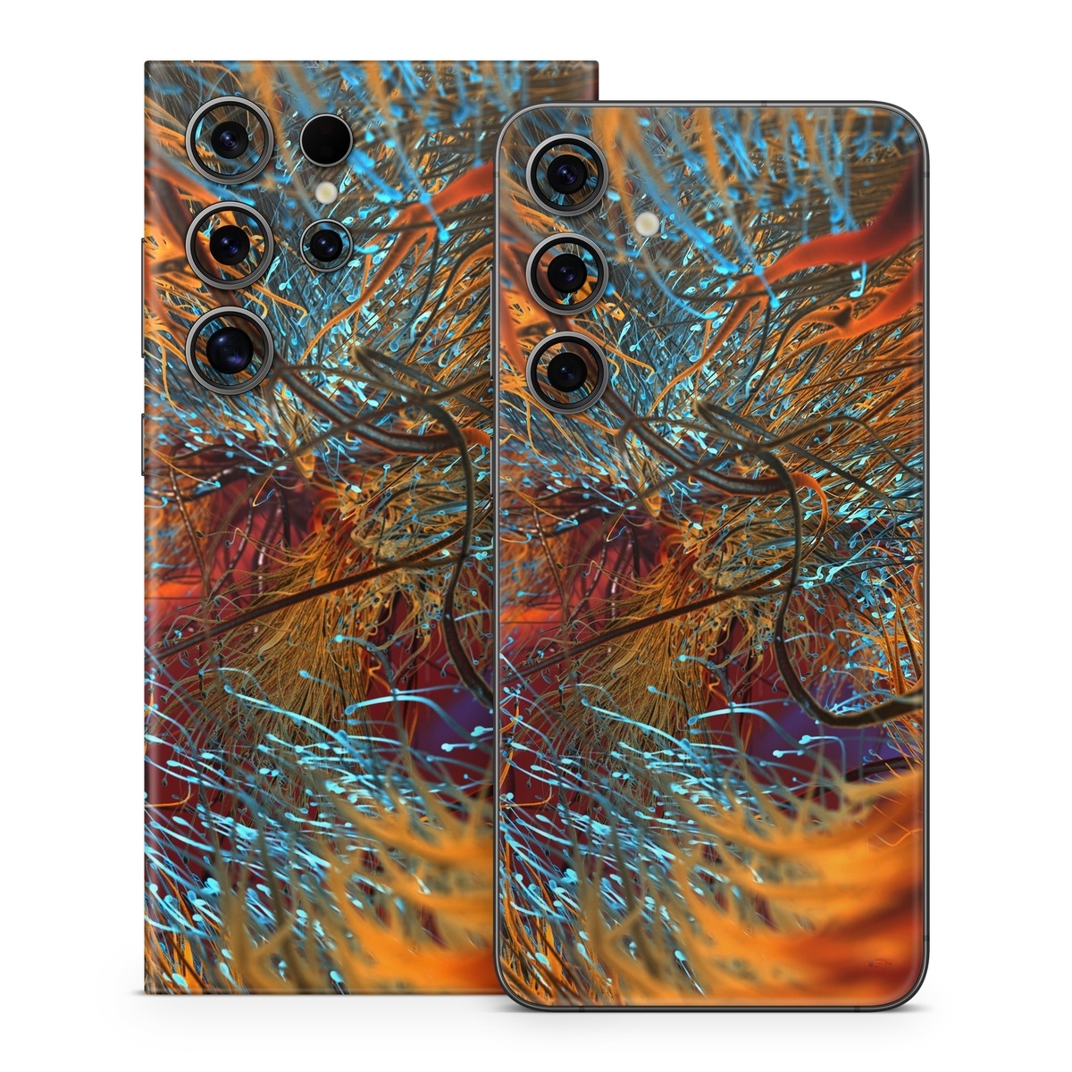 Samsung Galaxy S24 Series Skin design of Orange, Tree, Electric blue, Organism, Fractal art, Plant, Art, Graphics, Space, Psychedelic art, with orange, blue, red, yellow, purple colors