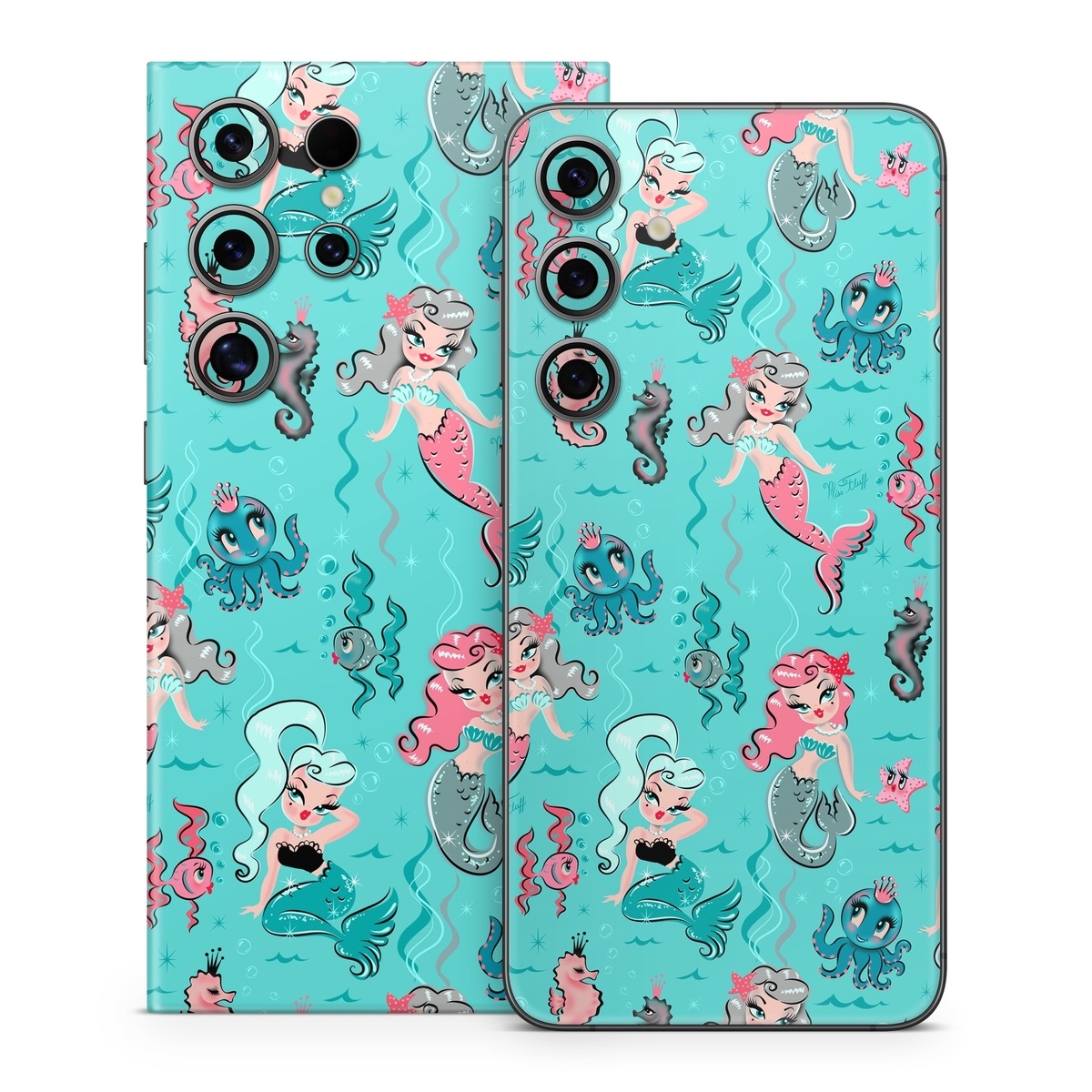 Samsung Galaxy S24 Series Skin design of Turquoise, Wrapping paper, Cartoon, Pattern, Textile, Aqua, Design, Gift wrapping, Illustration, Fictional character, with blue, pink, yellow, gray colors