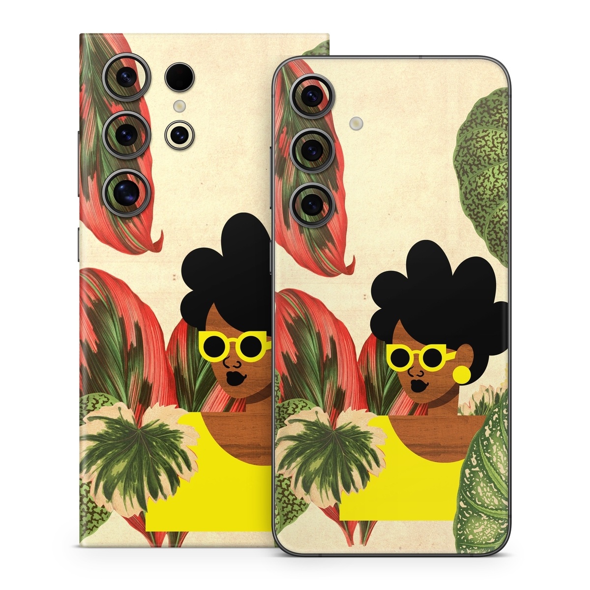 Samsung Galaxy S24 Series Skin design of Illustration, Plant, Botany, Organism, Leaf, Art, Animation, Grass, Flower, Perennial plant, with green, black, brown, yellow, red colors