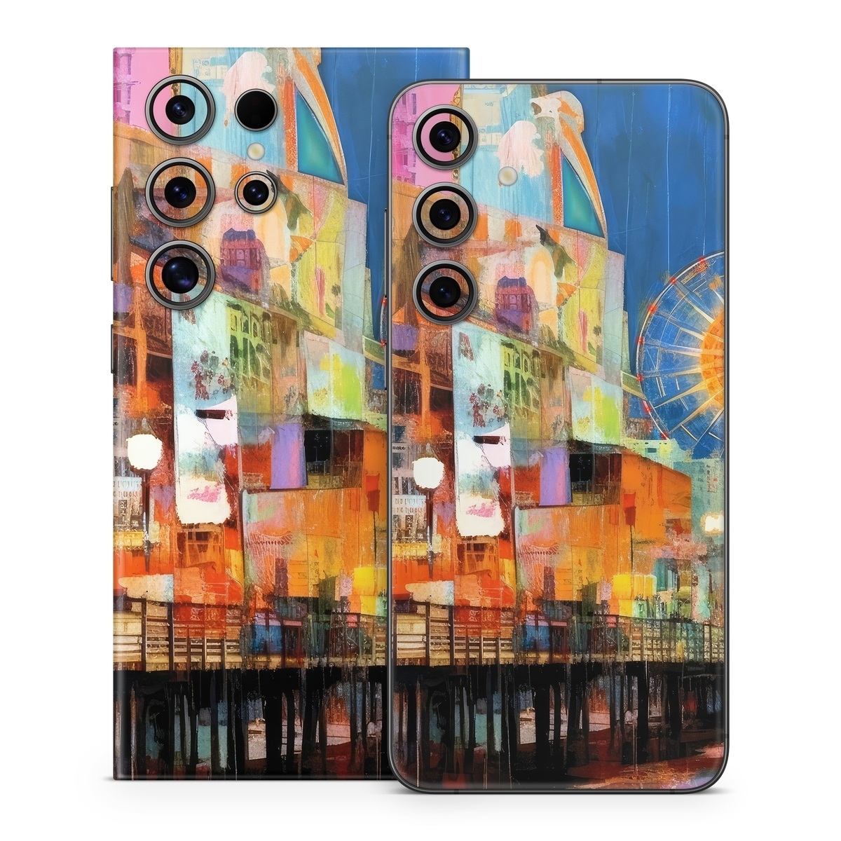 Samsung Galaxy S24 Series Skin design of Light, World, Window, Tints and shades, City, Art, Leisure, Event, Building, Ferris wheel, with black, white, blue, pink, red, orange, yellow, green colors