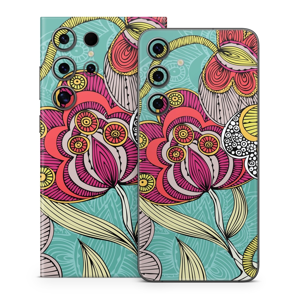 Samsung Galaxy S24 Series Skin design of Pattern, Visual arts, Motif, Floral design, Design, Art, Plant, Flower, Organism, Textile, with red, yellow, blue, gray, pink colors