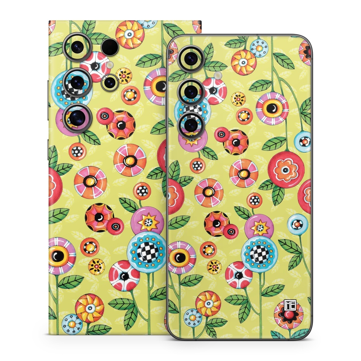 Samsung Galaxy S24 Series Skin design of Wrapping paper, Pattern, Textile, Design, Visual arts, Wildflower, Art, Plant, Child art, Flower, with green, blue, red, yellow, orange, pink colors