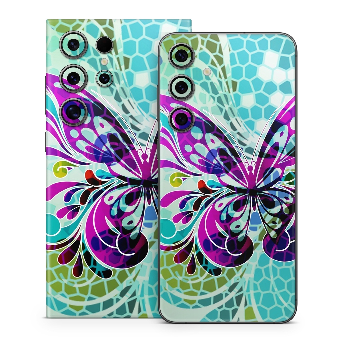 Samsung Galaxy S24 Series Skin design of Butterfly, Pattern, Insect, Moths and butterflies, Purple, Graphic design, Design, Pollinator, Visual arts, Magenta, with blue, green, purple colors