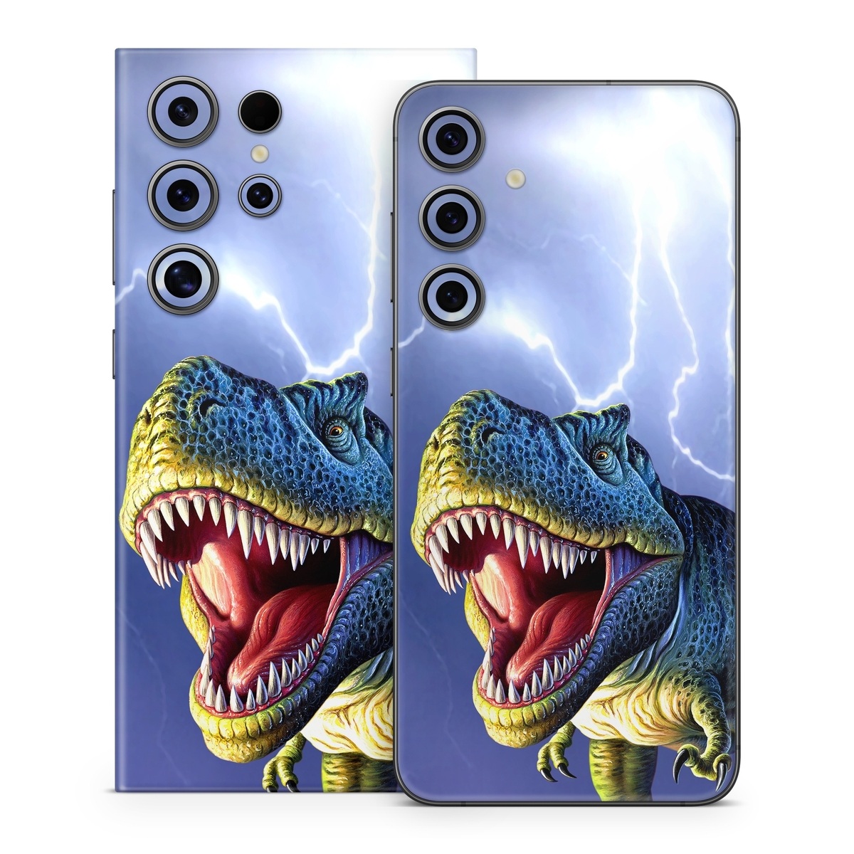 Samsung Galaxy S24 Series Skin design of Dinosaur, Extinction, Tyrannosaurus, Velociraptor, Tooth, Jaw, Organism, Mouth, Fictional character, Art, with blue, green, yellow, orange, red colors