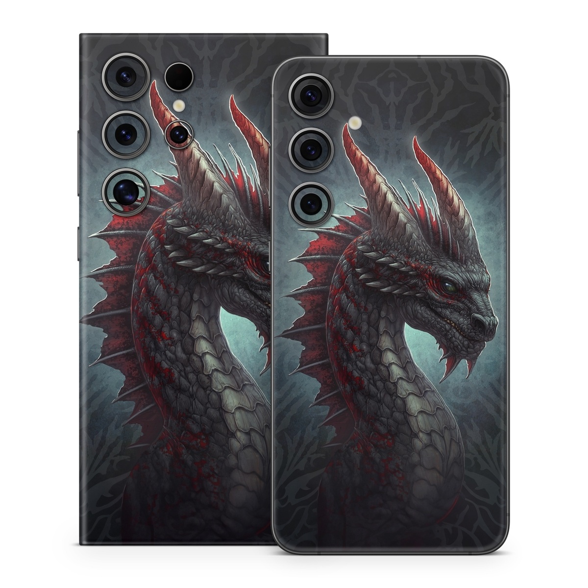 Samsung Galaxy S24 Series Skin design of Dragon, Fictional character, Mythical creature, Demon, Cg artwork, Illustration, Green dragon, Supernatural creature, Cryptid, with red, gray, blue colors