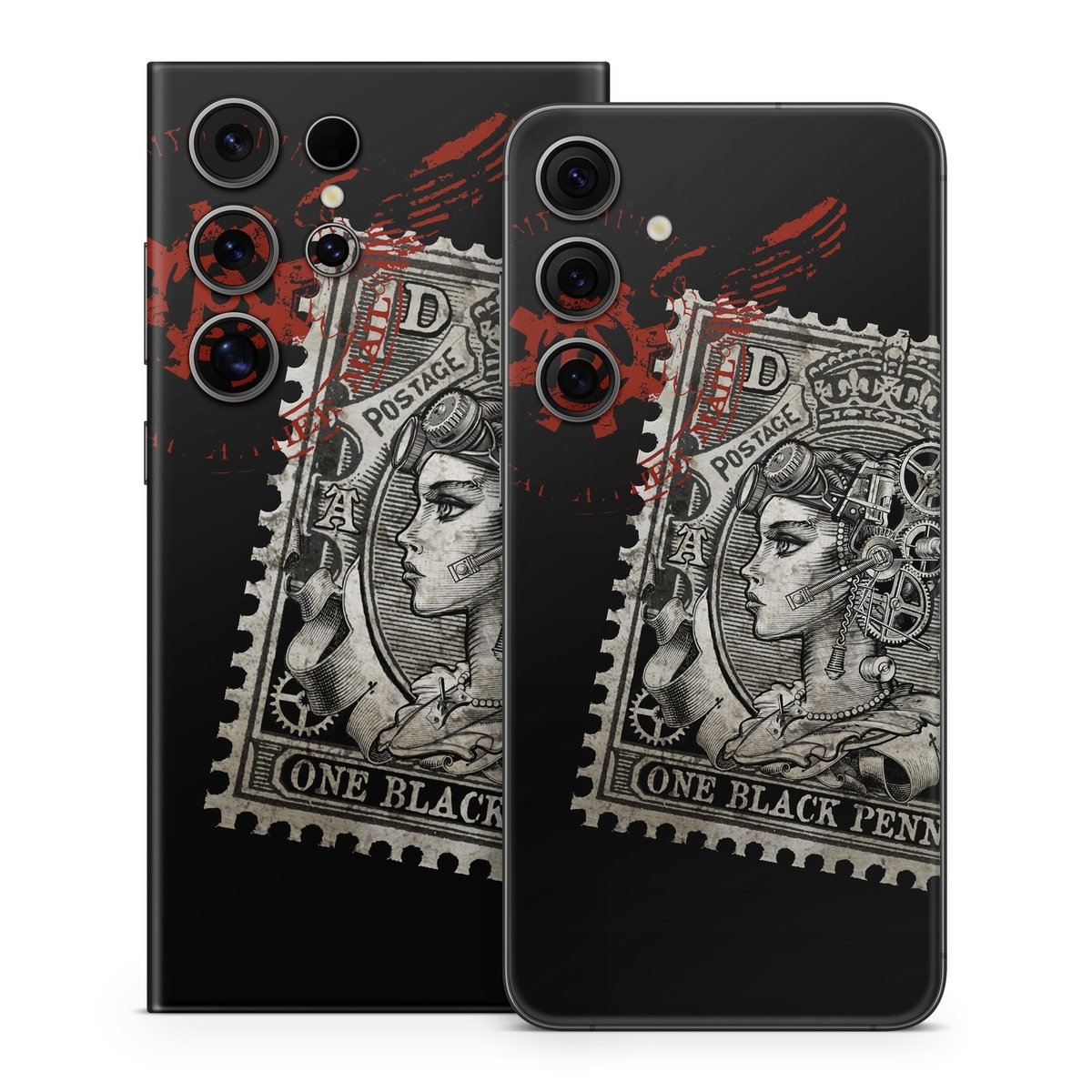 Samsung Galaxy S24 Series Skin design of Font, Postage stamp, Illustration, Drawing, Art, with black, gray, red colors