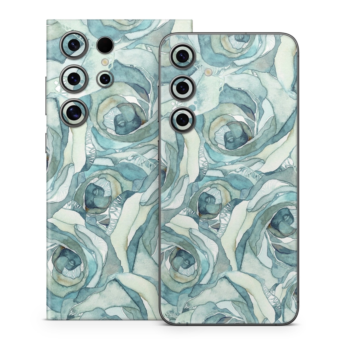 Samsung Galaxy S24 Series Skin design of Rose, Garden roses, Blue, Flower, Rose family, Watercolor paint, Plant, Pattern, Rosa × centifolia, Blue rose, with blue, green colors