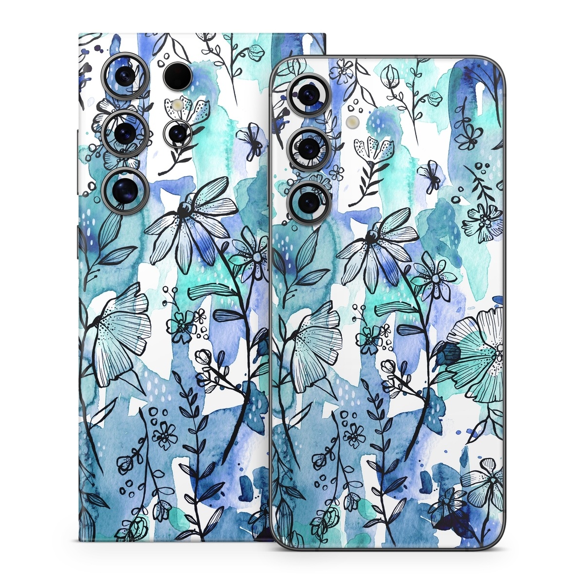 Samsung Galaxy S24 Series Skin design of Blue, Pattern, Turquoise, Aqua, Design, Textile, Wildflower, Plant, Wrapping paper, Gift wrapping, with blue, white, black, purple colors