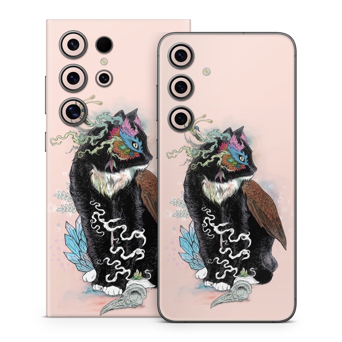 Samsung Galaxy S24 Series Skin design of Illustration, Owl, Art, Graphic design, Cat, Tail, with pink, black, brown, red, green colors