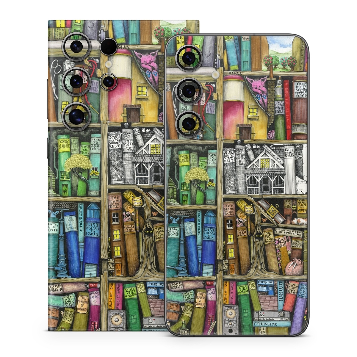 Samsung Galaxy S24 Series Skin design of Collection, Art, Visual arts, Bookselling, Shelving, Painting, Building, Shelf, Publication, Modern art, with brown, green, blue, red, pink colors