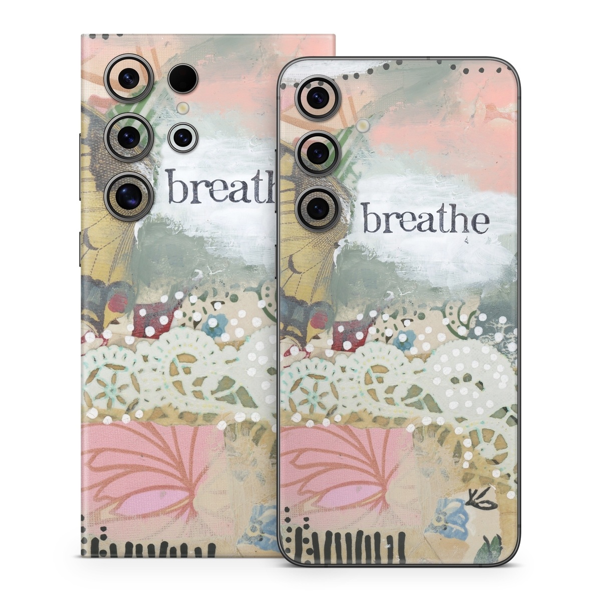 Samsung Galaxy S24 Series Skin design of Butterfly, Moths and butterflies, Insect, Pollinator, Organism, Illustration, Brush-footed butterfly, Art, Fictional character, Wildflower, with pink, brown, white, black, red, blue, green colors