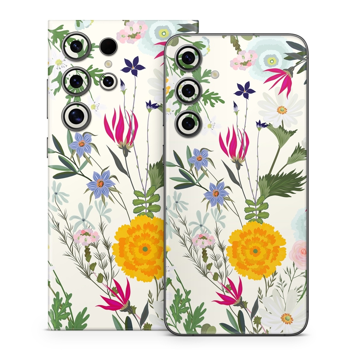 Samsung Galaxy S24 Series Skin design of Flower, Wildflower, chamomile, Floral design, Plant, camomile, Botany, Clip art, Cut flowers, Daisy, with white, green, pink, orange, yellow, red colors