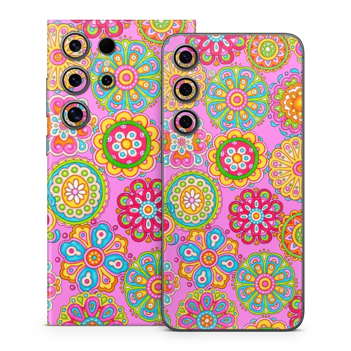 Samsung Galaxy S24 Series Skin design of Pattern, Design, Textile, Visual arts, Wrapping paper, Motif, Pedicel, with pink, red, orange, yellow, green, blue, purple colors