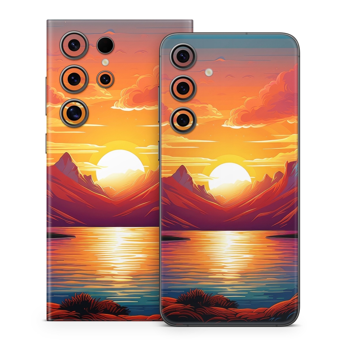 Samsung Galaxy S24 Series Skin design of Water, Cloud, Sky, Ecoregion, Afterglow, Light, World, Nature, Natural landscape, Mountain, with red, orange, yellow, blue, purple colors