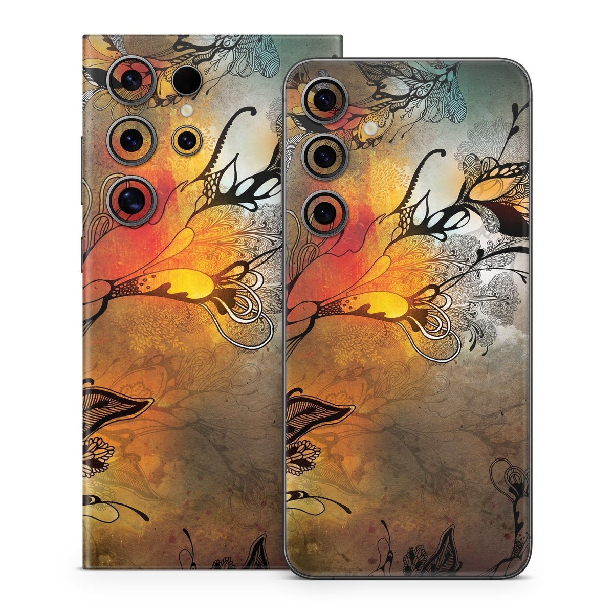 Samsung Galaxy S24 Series Skin design of Yellow, Orange, Art, Branch, Leaf, Graphic design, Visual arts, Pattern, Design, Modern art, with black, red, orange, yellow colors