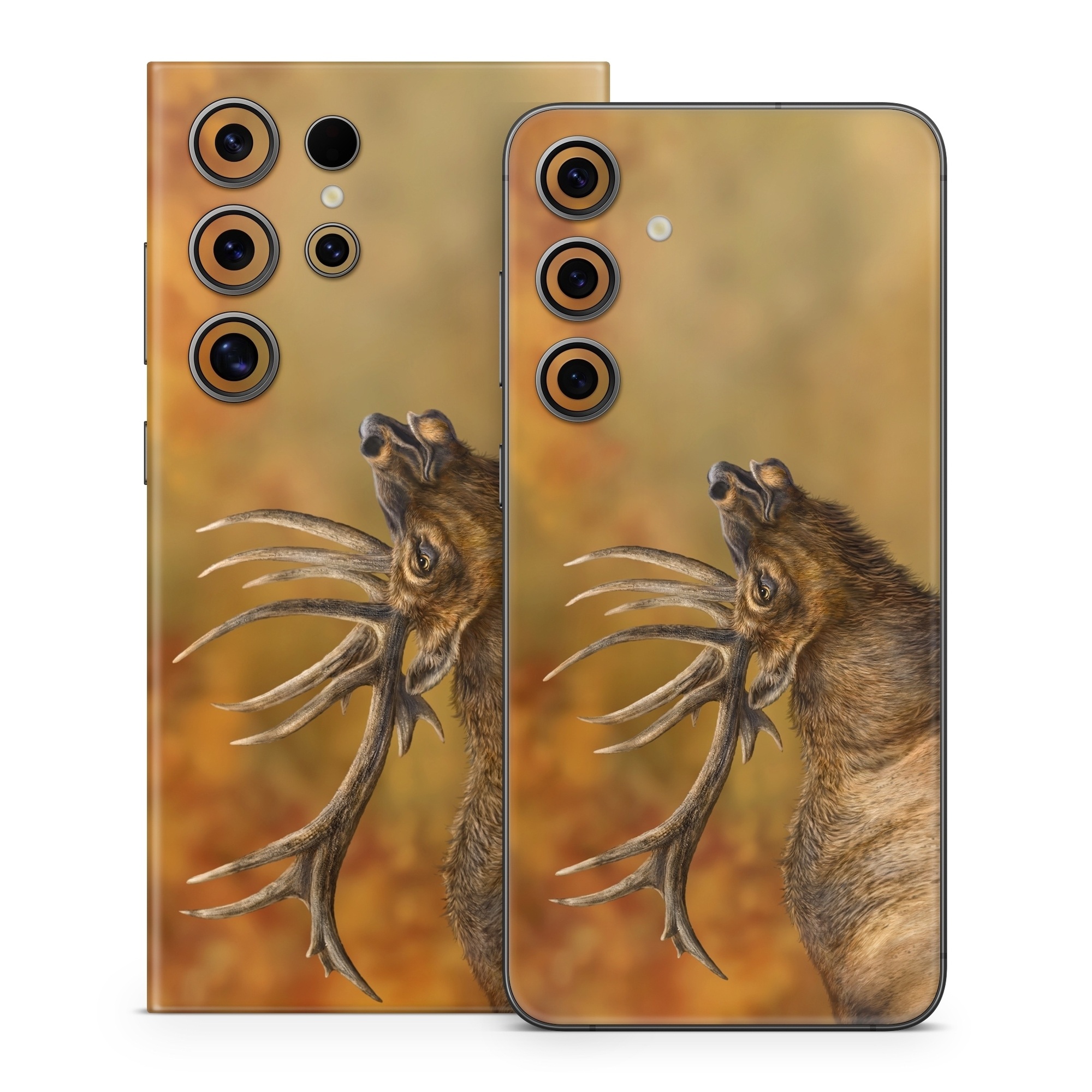 Samsung Galaxy S24 Series Skin design of Head, Deer, Natural material, Barren ground Caribou, Fawn, Terrestrial animal, Horn, Elk, Snout, Reindeer, with brown, black, orange, yellow, gray colors