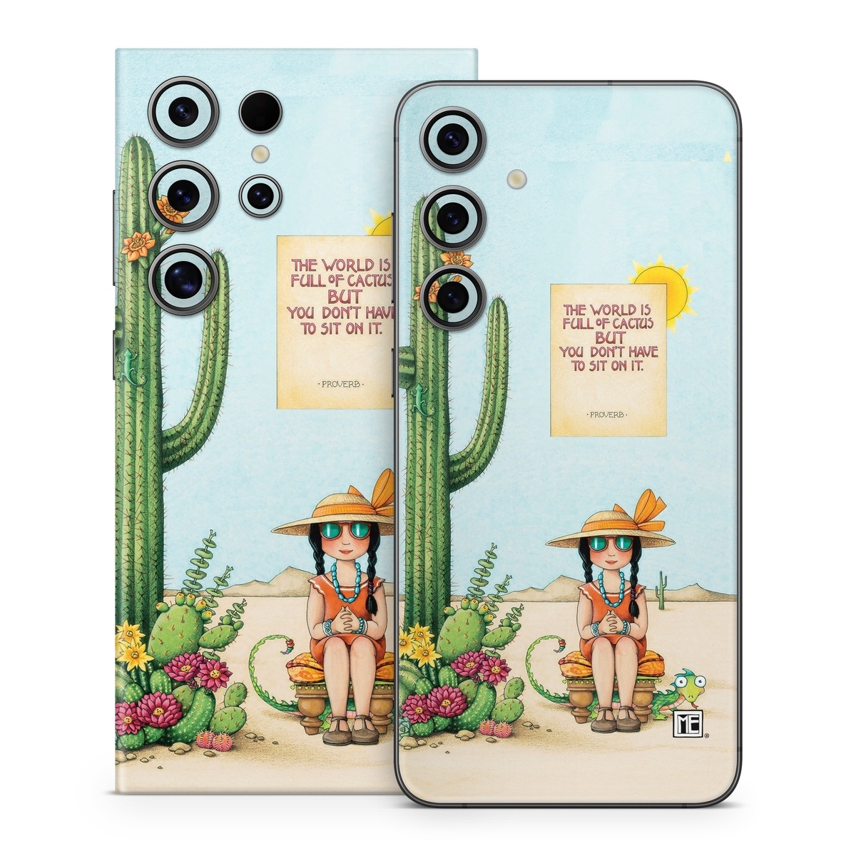 Samsung Galaxy S24 Series Skin design of Cartoon, Cactus, Illustration, Animated cartoon, Plant, Vegetable, Fictional character, Art, with green, yellow, pink, orange, brown colors