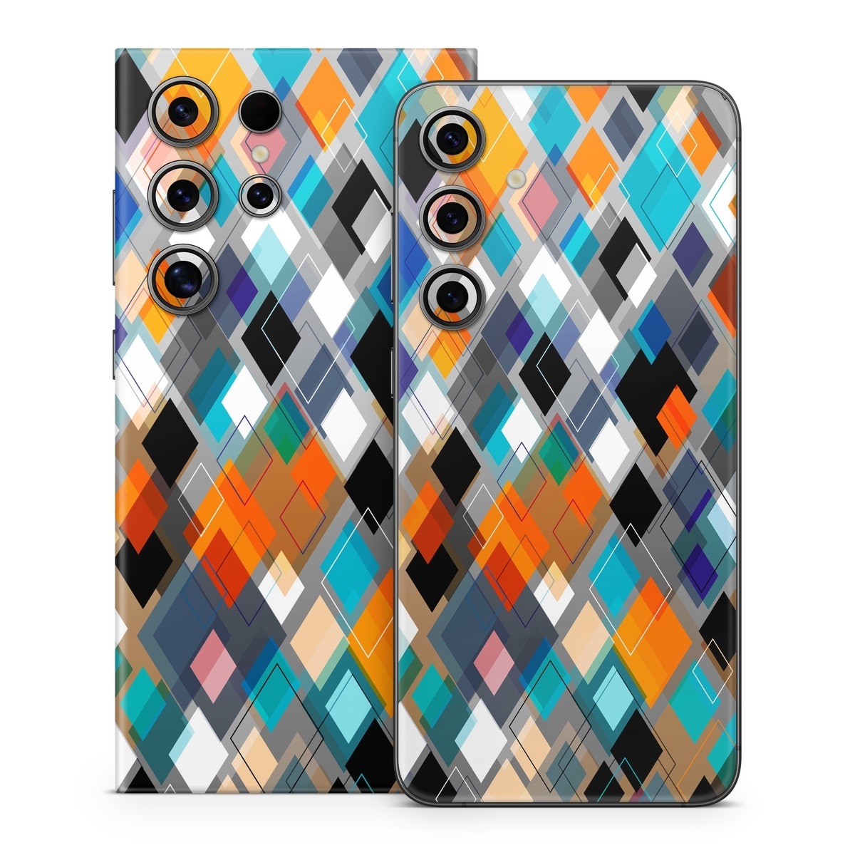 Samsung Galaxy S24 Series Skin design of Pattern, Line, Design, Colorfulness, Plaid, Tints and shades, Textile, Symmetry, Square, with black, blue, red, orange, white colors
