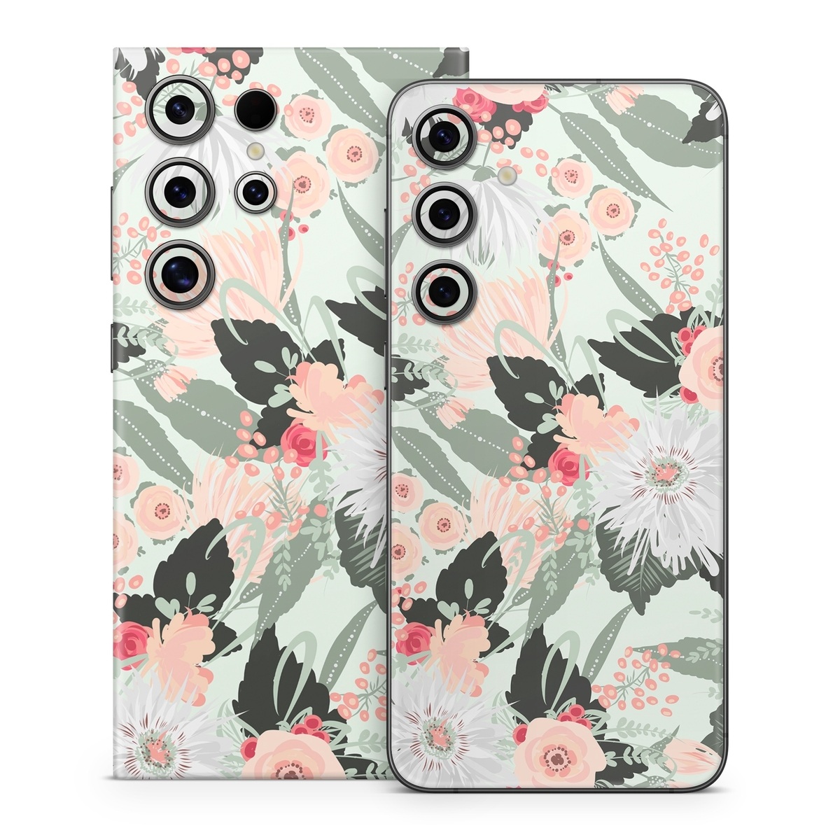 Samsung Galaxy S24 Series Skin design of Pattern, Pink, Floral design, Design, Textile, Wrapping paper, Plant, Peach, Flower, with green, red, white, pink colors
