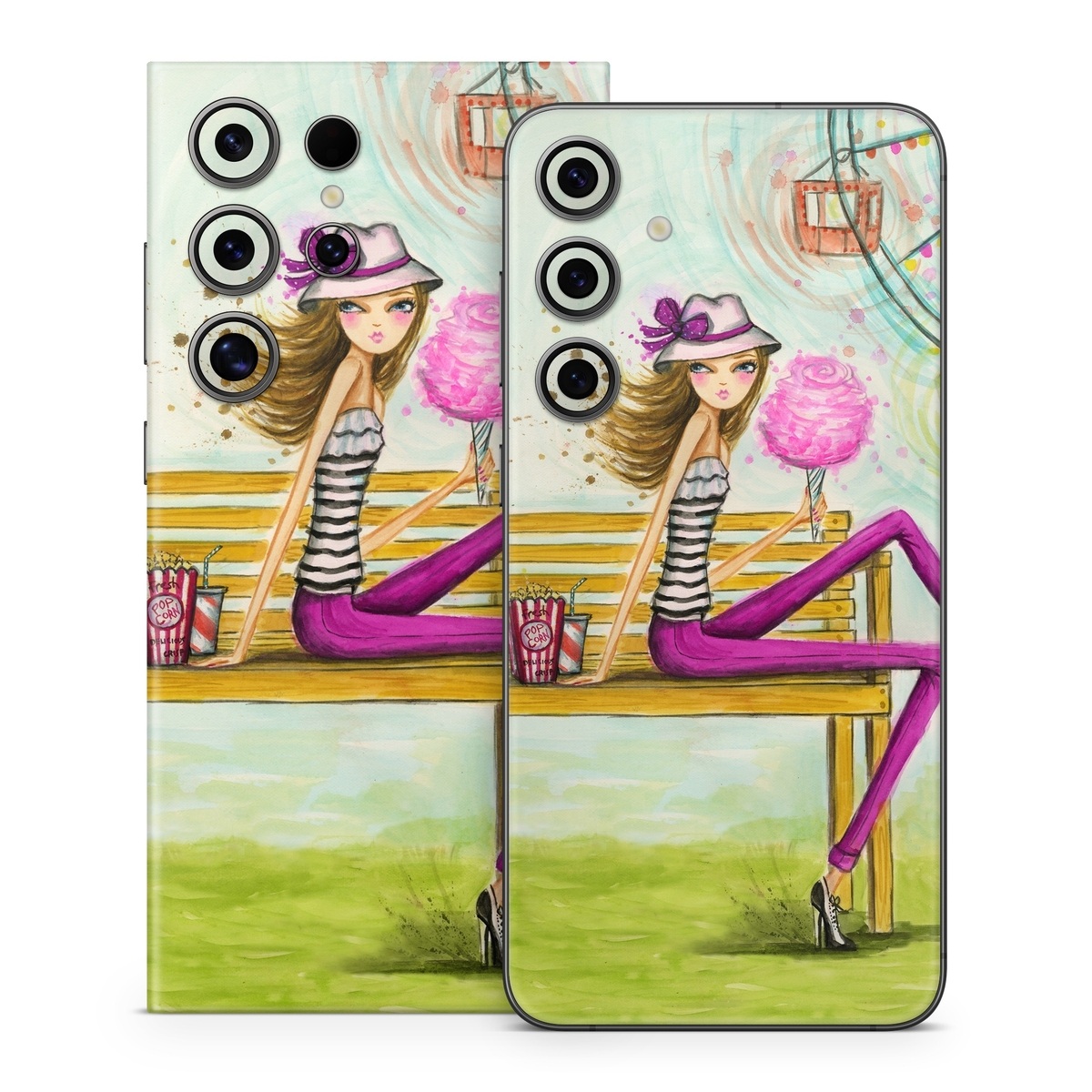 Samsung Galaxy S24 Series Skin design of Illustration, Fashion illustration, Art, Sitting, Watercolor paint, Plant, Graphic design, Style, Painting, with green, yellow, blue, pink, purple, black, white, orange colors