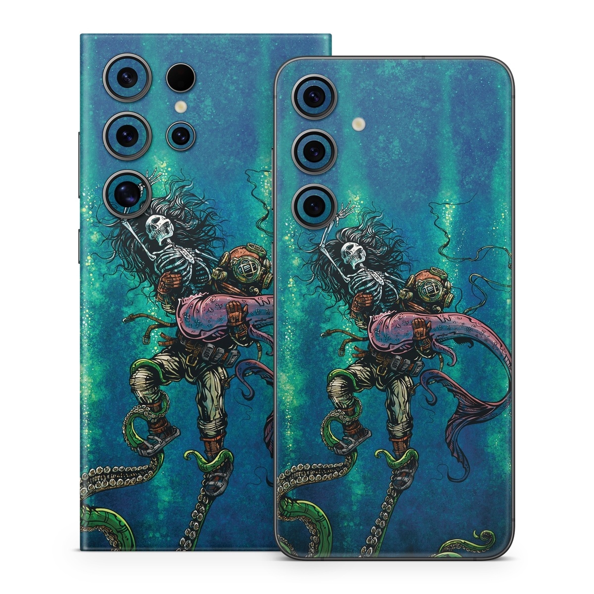 Samsung Galaxy S24 Series Skin design of Water, Fluid, Underwater, Marine invertebrates, Marine biology, Electric blue, Liquid, Recreation, Underwater diving, Art, with blue, green, orange, purple, pink, black, white, gray colors