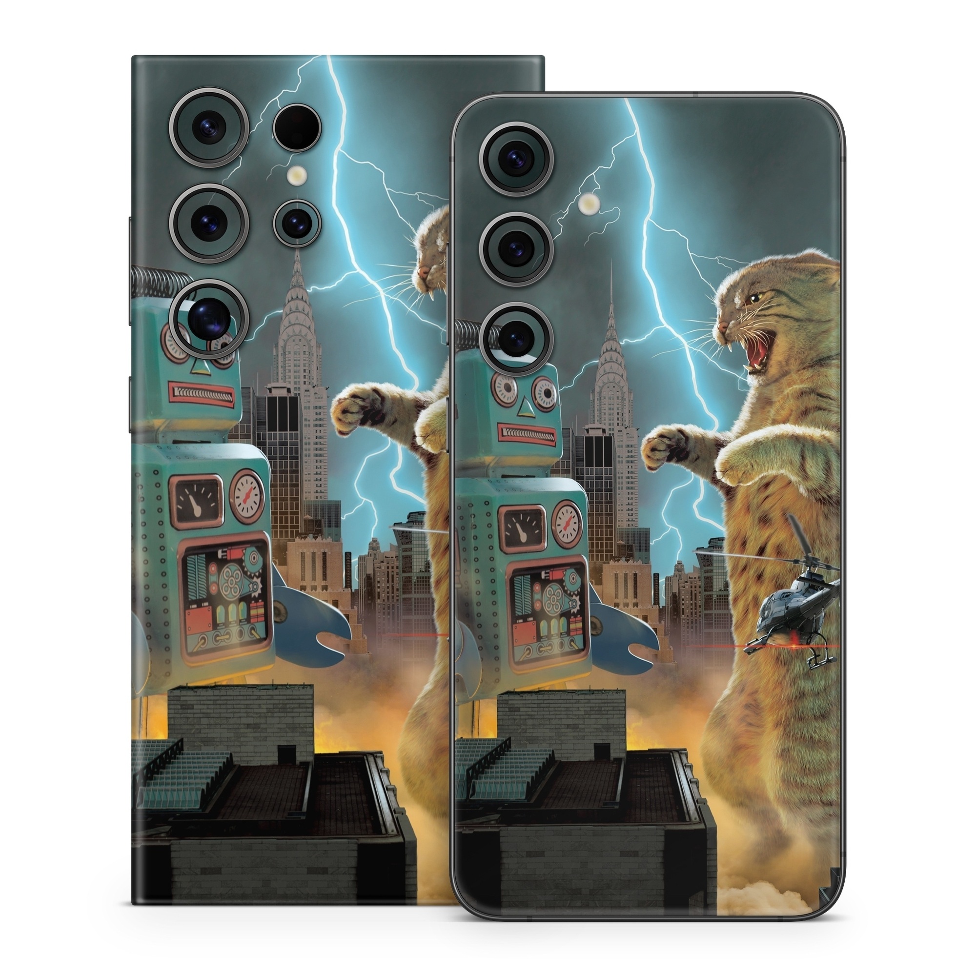 Samsung Galaxy S24 Series Skin design of Lightning, Felidae, Carnivore, Art, Whiskers, Big cats, Cg artwork, Terrestrial animal, Small to medium-sized cats, Thunder, with black, blue, red, yellow, white, brown, gray, orange colors