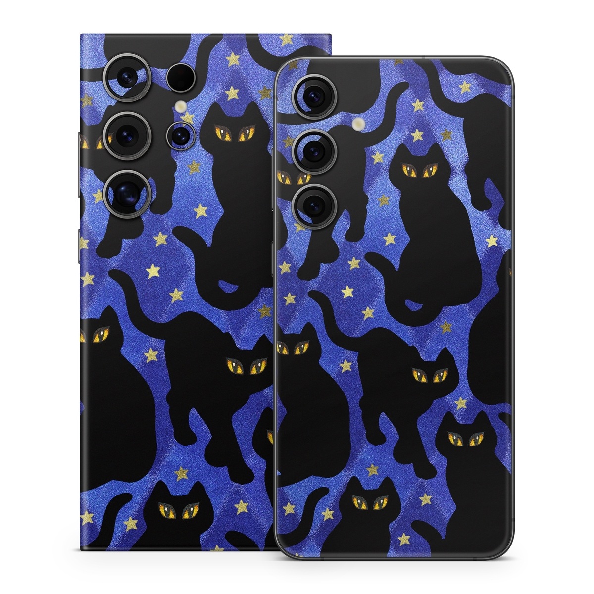Samsung Galaxy S24 Series Skin design of Black cat, Black, Cat, Small to medium-sized cats, Pattern, Felidae, Design, Electric blue, Illustration, Art, with black, blue, purple, yellow colors