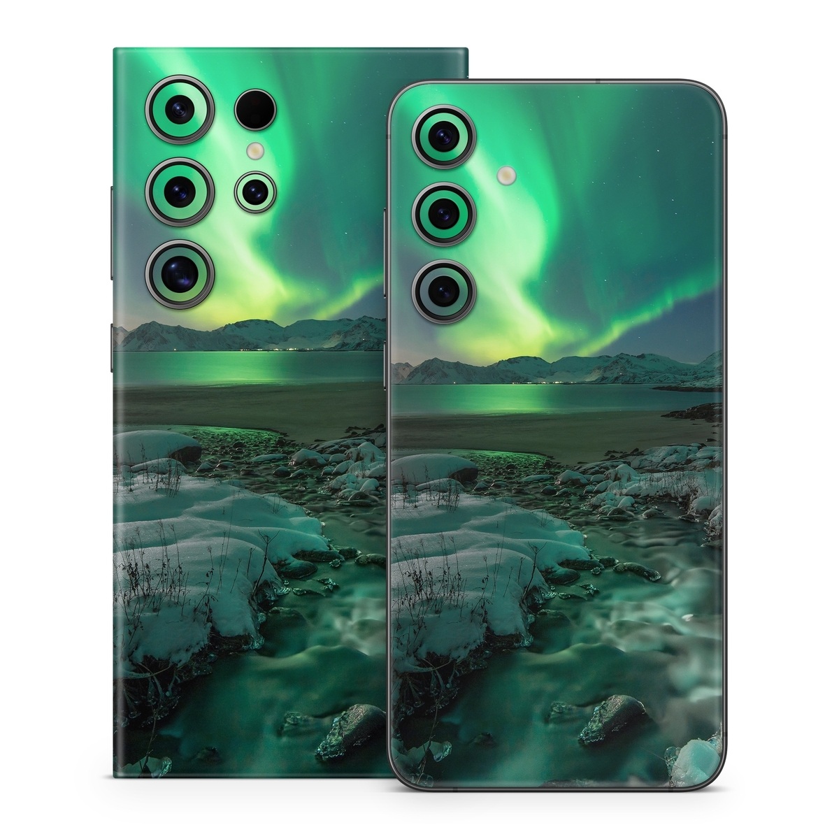 Samsung Galaxy S24 Series Skin design of Nature, Aurora, Sky, Geological phenomenon, Water, Atmosphere, Space, Landscape, World, Glacier, with white, green, blue, black, gray colors