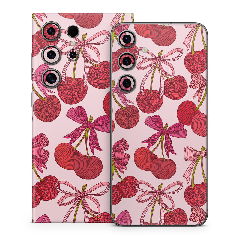 Samsung Galaxy S24 Series Skin design of Red, Fruit, Produce, Natural foods, Pink, Berry, Creative arts, Cherry, Black cherry, Wrapping Paper, with red, pink, green colors