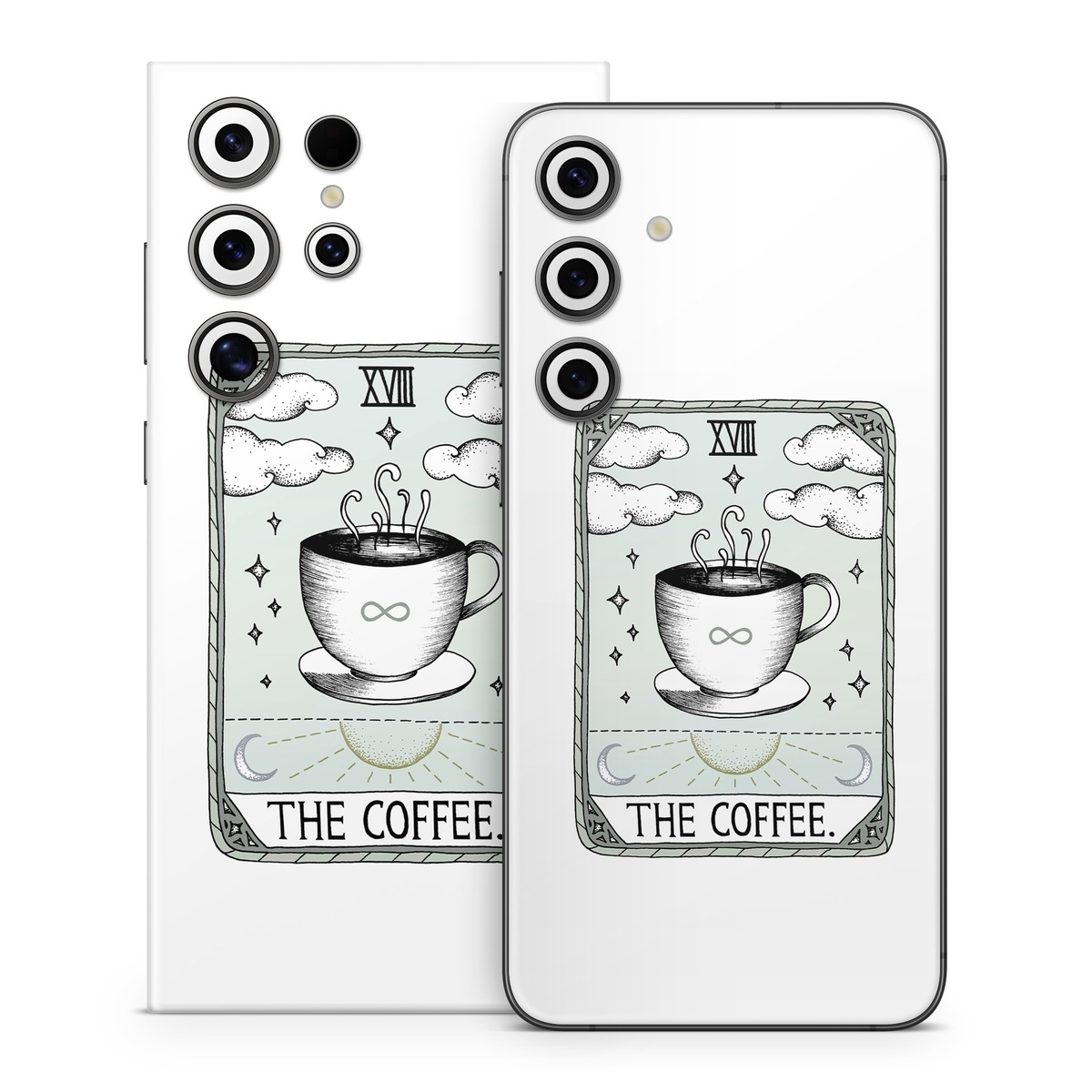 Samsung Galaxy S24 Series Skin design of Cup, Cartoon, Drinkware, Coffee cup, Tableware, Teacup, Illustration, Drink, Line art, with white, black, green, gray, yellow colors
