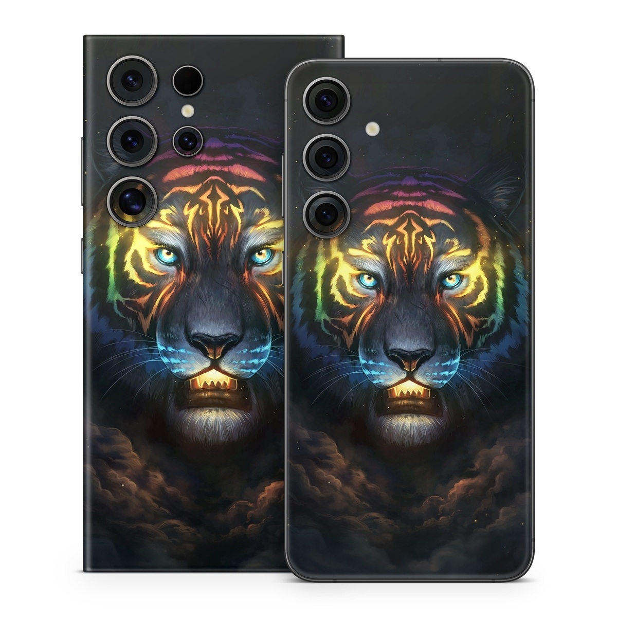 Samsung Galaxy S24 Series Skin design of Felidae, Vertebrate, Carnivore, Organism, Painting, Roar, Bengal tiger, Big cats, Art, Whiskers, with black, yellow, orange, red, green, purple, blue colors