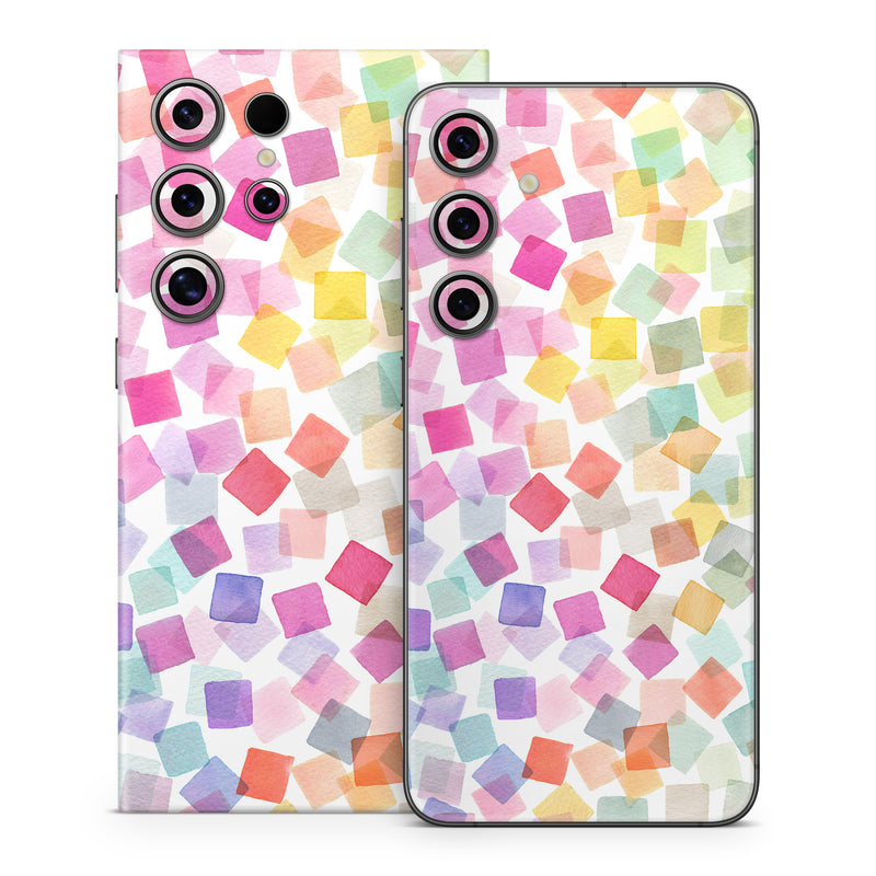 Samsung Galaxy S24 Series Skin design of Pink, Orange, Wrapping Paper, Art Paper, Pattern, Triangle, with white, pink, red, orange, yellow, blue, green, purple colors