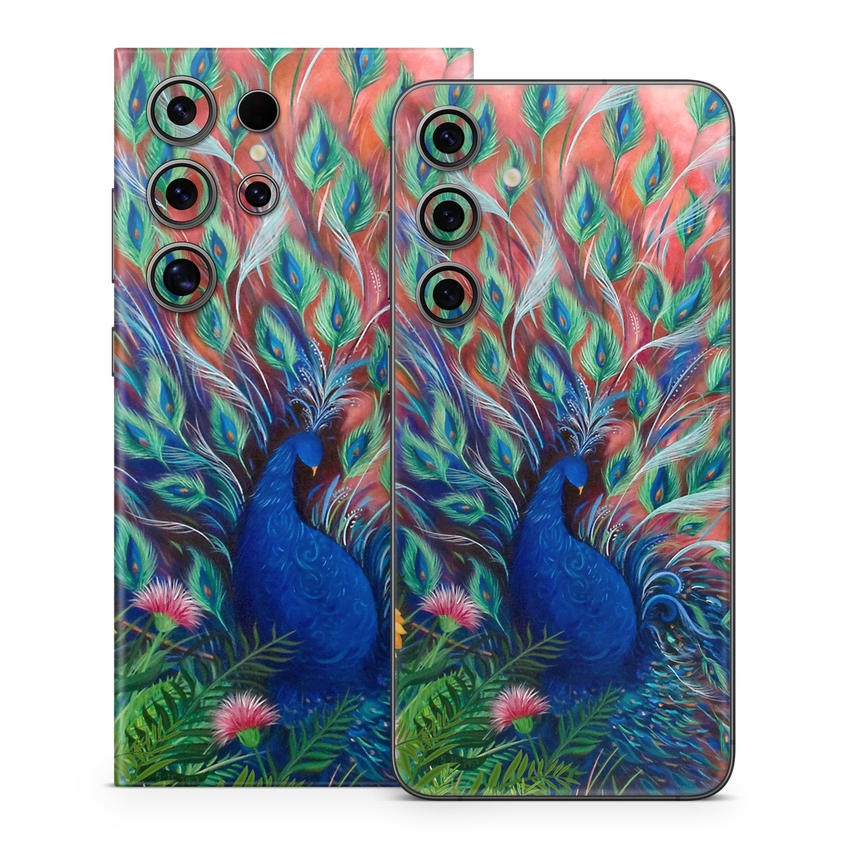 Samsung Galaxy S24 Series Skin design of Painting, Acrylic paint, Bird, Child art, Art, Galliformes, Peafowl, Visual arts, Watercolor paint, Plant, with black, red, gray, blue, green colors