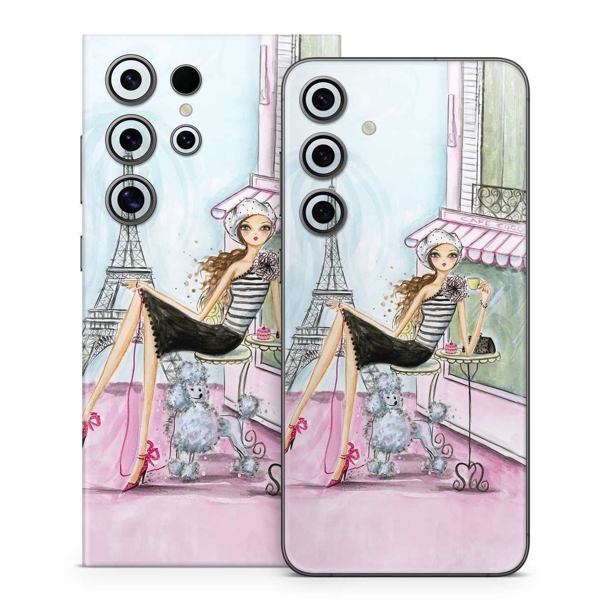 Samsung Galaxy S24 Series Skin design of Pink, Illustration, Sitting, Konghou, Watercolor paint, Fashion illustration, Art, Drawing, Style, with gray, purple, blue, black, pink colors