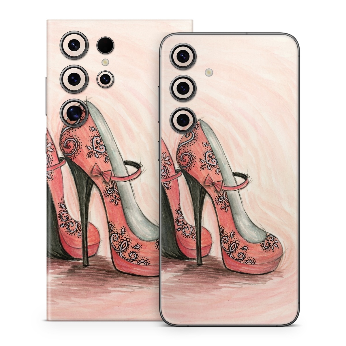 Samsung Galaxy S24 Series Skin design of Footwear, High heels, Shoe, Pink, Court shoe, Illustration, Leg, Basic pump, Peach, Painting, with pink, gray, red, white, black, green colors