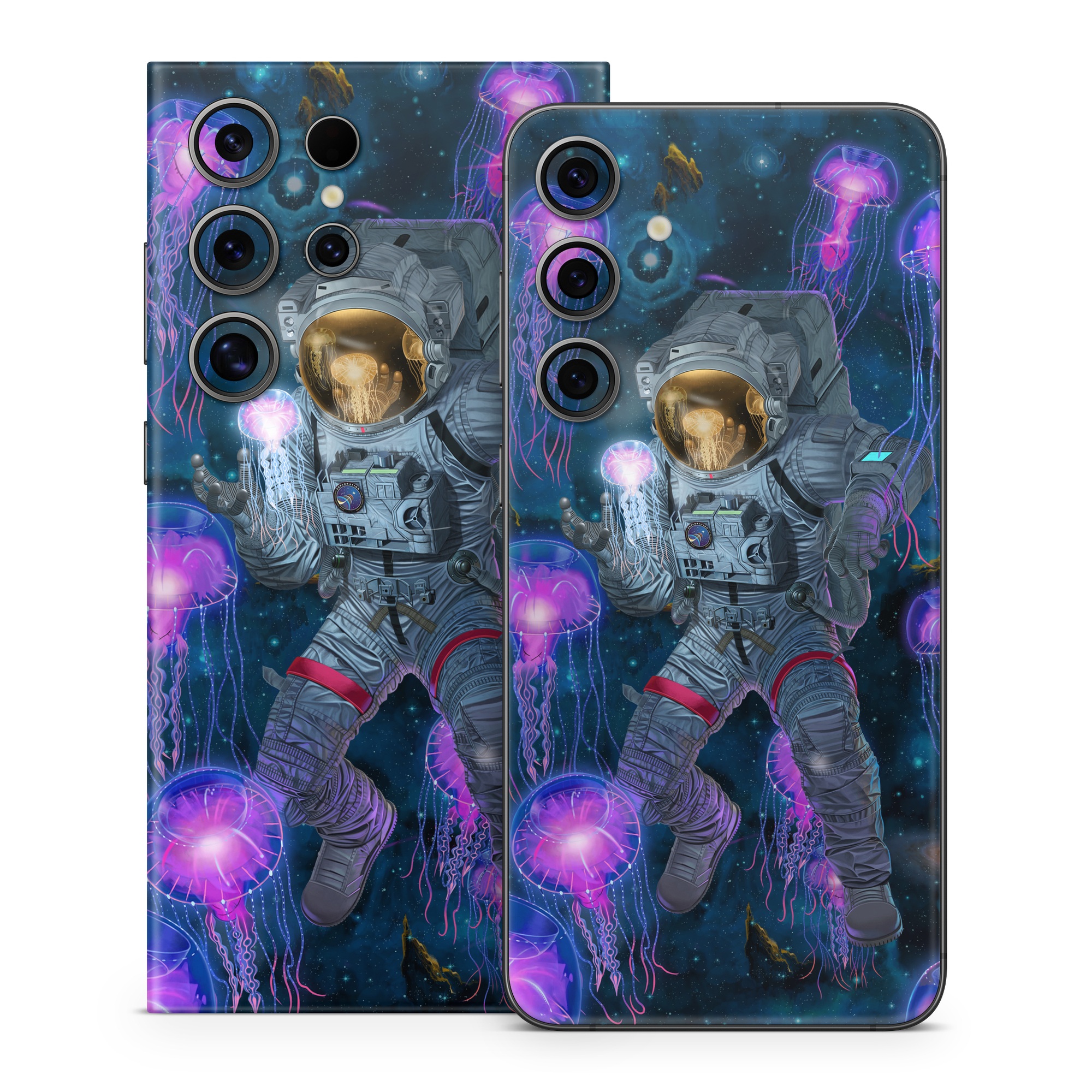 Samsung Galaxy S24 Series Skin design of Light, Blue, Purple, World, Astronaut, Art, Astronomical object, Space, Cg artwork, Electric blue, with black, blue, gray, white, purple, yellow, red, brown colors