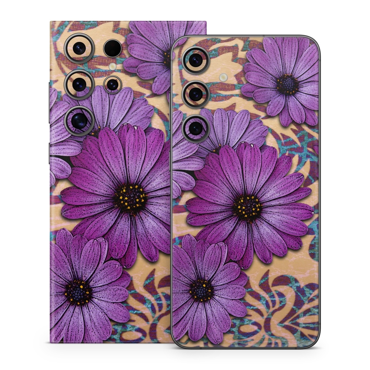 Samsung Galaxy S24 Series Skin design of Purple, Flower, Violet, Petal, Plant, african daisy, Floral design, Wildflower, Pattern, Textile, with purple, black, gray, blue, green, red colors