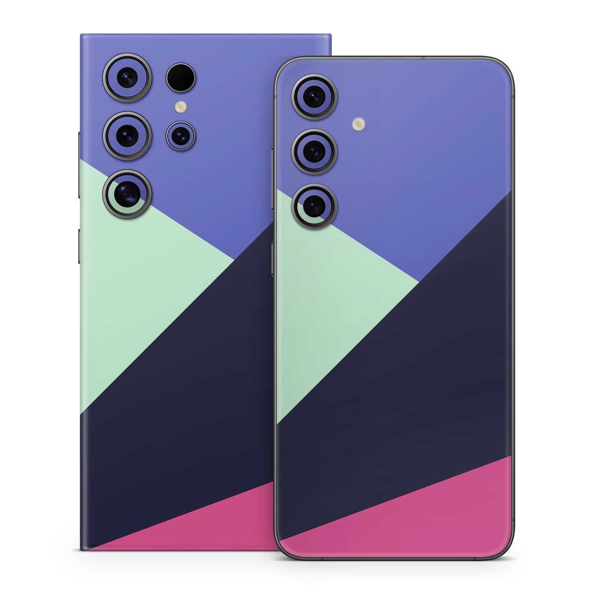 Samsung Galaxy S24 Series Skin design of Purple, Violet, Line, Magenta, Graphic design, Triangle, Pattern, Design, Material property, Font, with black, blue, green, pink colors