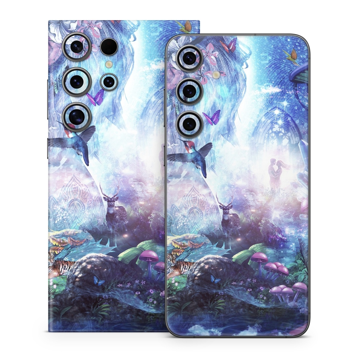 Samsung Galaxy S24 Series Skin design of Man, Woman, Fictional Character, Mythology, Bird, Wing, Mythical Creature, Deer, Tiger, Mushrooms, Butterfly, with white, blue, green, red, yellow, black, purple, gray colors