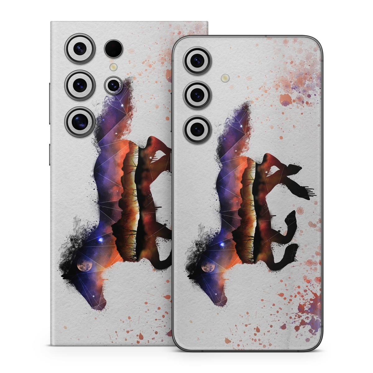 Samsung Galaxy S24 Series Skin design of Watercolor paint, Illustration, Art, Horse, Paint, Drawing, Graphic design, Painting, Visual arts, Mustang horse, with gray, white, purple, red, yellow, black, orange colors