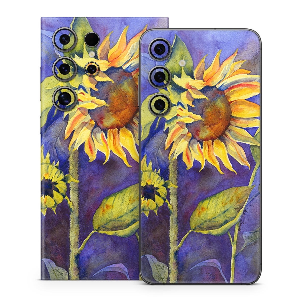 Samsung Galaxy S24 Series Skin design of Flower, Sunflower, Painting, sunflower, Watercolor paint, Plant, Flowering plant, Yellow, Acrylic paint, Still life, with green, black, blue, gray, red, orange colors