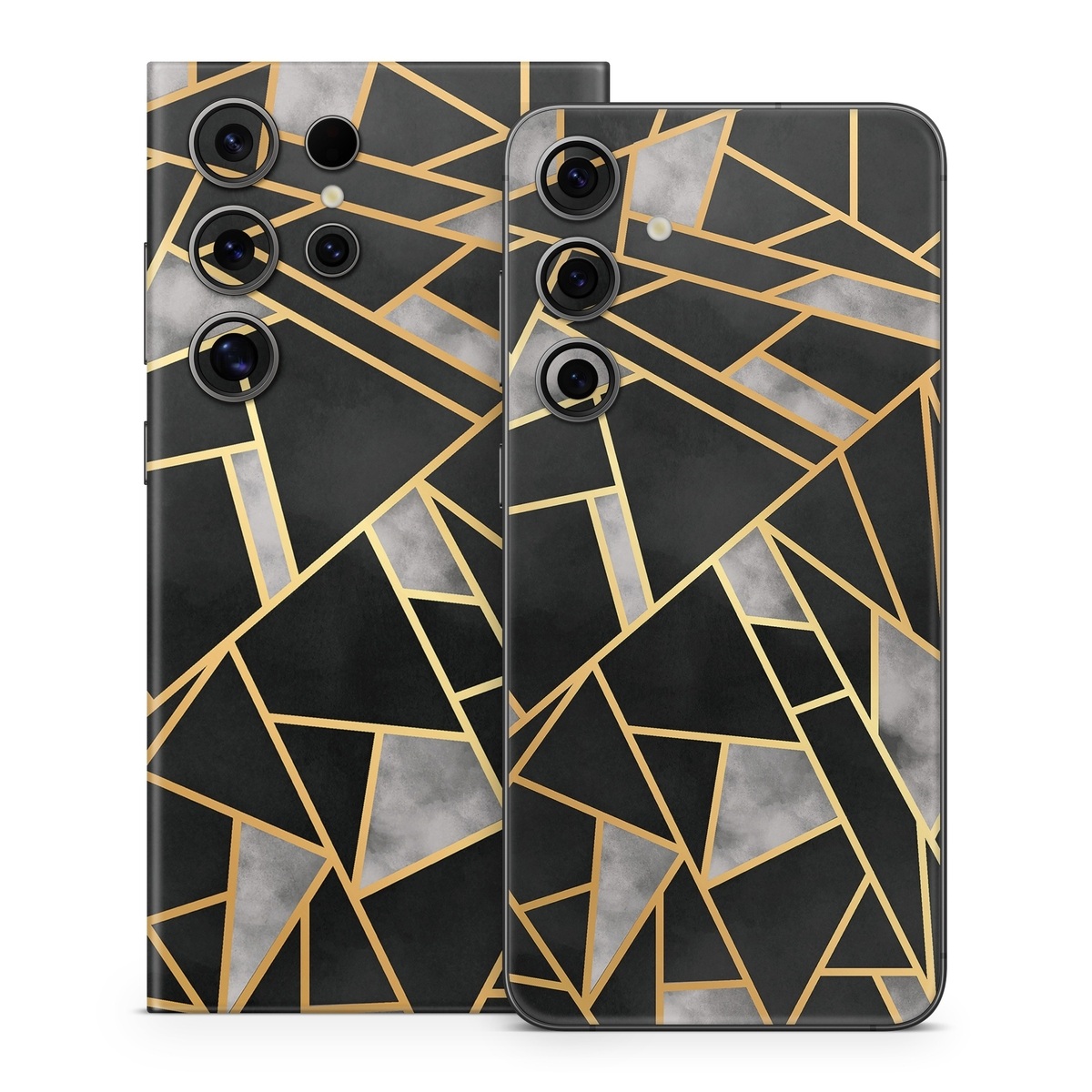 Samsung Galaxy S24 Series Skin design of Pattern, Triangle, Yellow, Line, Tile, Floor, Design, Symmetry, Architecture, Flooring, with black, gray, yellow colors