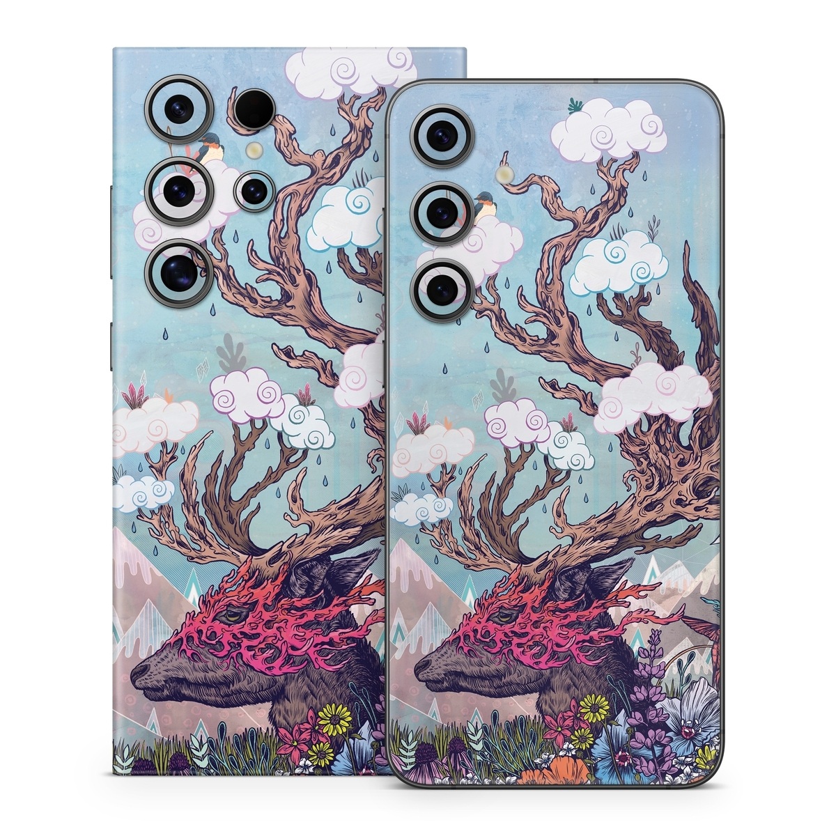 Samsung Galaxy S24 Series Skin design of Illustration, Tree, Watercolor paint, Painting, Art, Plant, Acrylic paint, Fictional character, Flower, Blossom, with gray, black, red, purple, blue colors