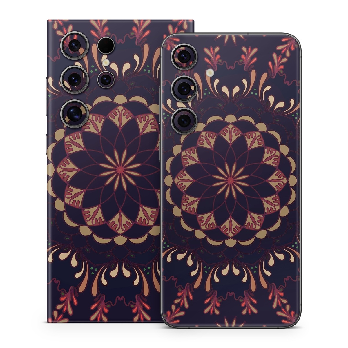 Samsung Galaxy S24 Series Skin design of Pattern, Brown, Red, Symmetry, Textile, Design, Visual arts, Tapestry, Kaleidoscope, with black, red, orange, yellow, brown colors