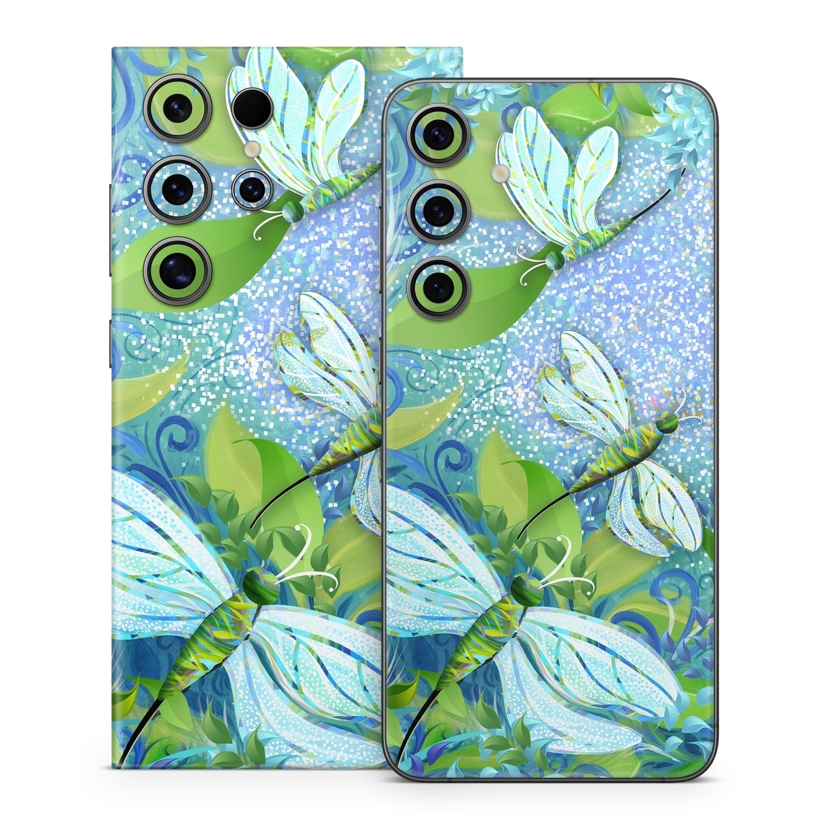 Samsung Galaxy S24 Series Skin design of Green, Blue, Leaf, Plant, Pattern, Tree, Design, Organism, Branch, Flower, with gray, blue, green, purple colors