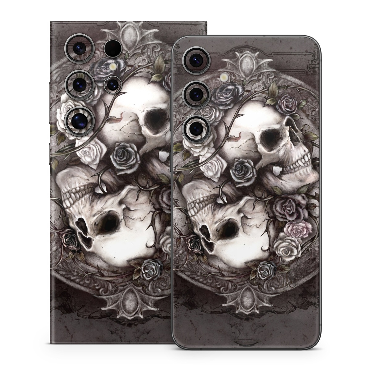 Samsung Galaxy S24 Series Skin design of Skull, Bone, Illustration, Font, Still life photography, Photography, Still life, Art, Monochrome, Circle, with black, white, brown, pink colors