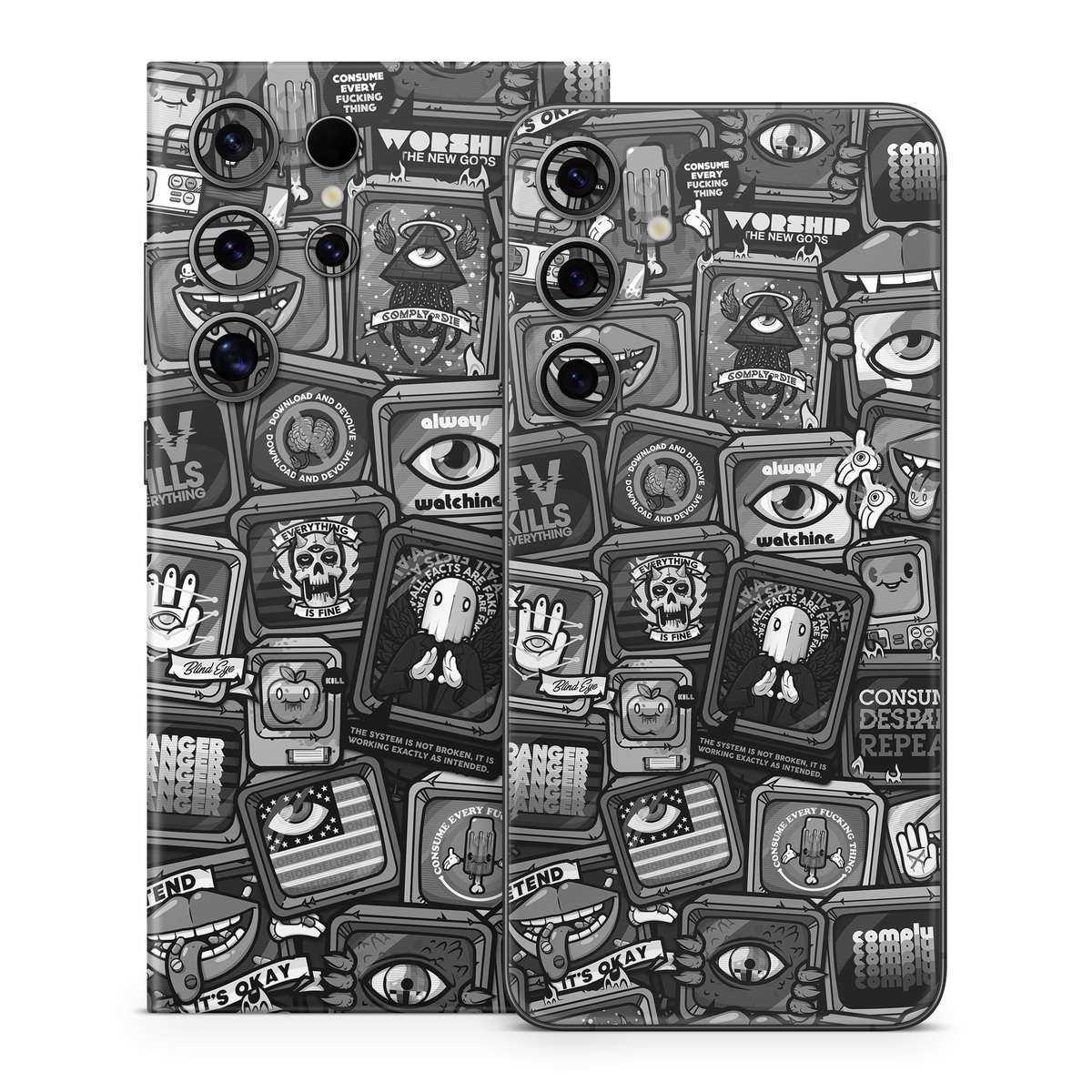 Samsung Galaxy S24 Series Skin design of Font, Text, Pattern, Black-and-white, Design, Photography, Stock photography, Illustration, Monochrome, Drawing, with black, white, gray colors