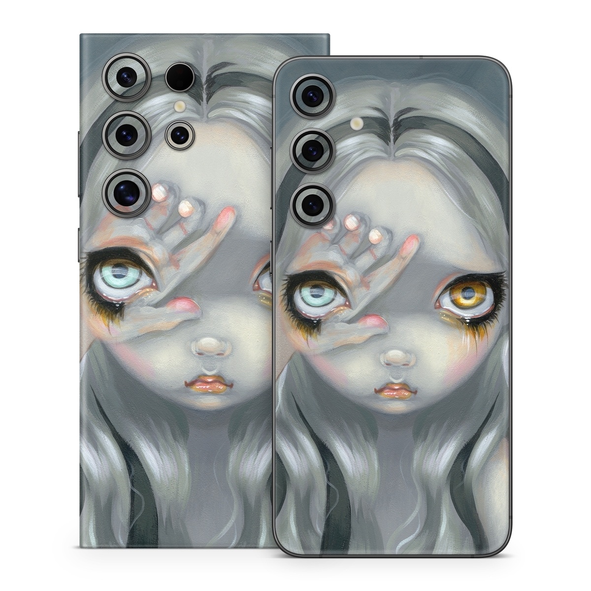 Samsung Galaxy S24 Series Skin design of Face, Head, Cg artwork, Eye, Illustration, Organ, Fictional character, Art, Iris, Darkness, with black, gray, blue, green colors